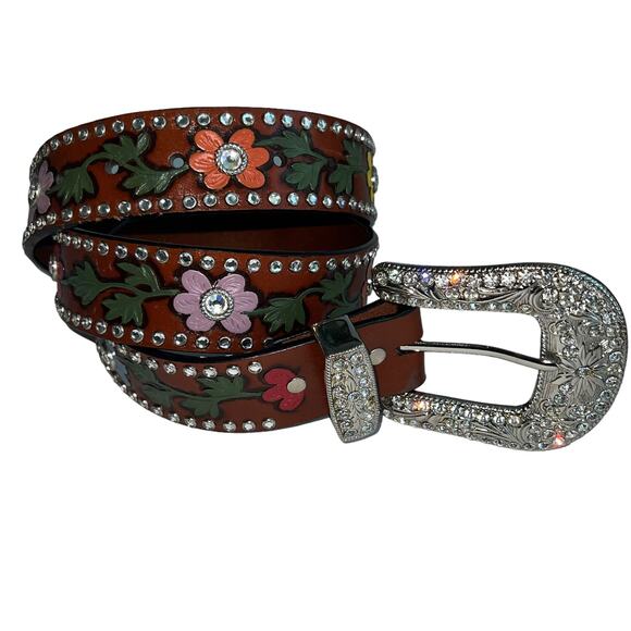 3-D Rhinestone Hand Tooled Hand Painted Leather Belt Bling Buckle Retro 38